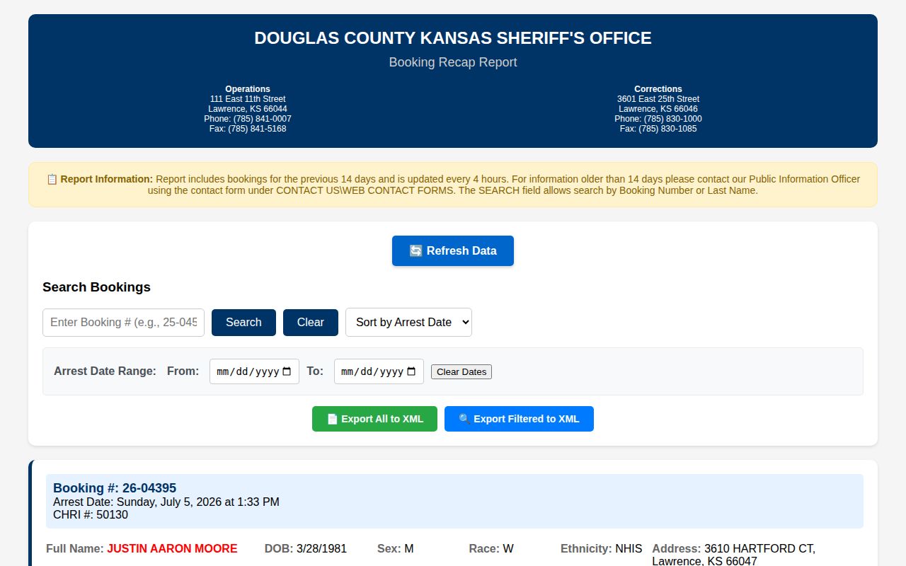 Douglas County booking report used for a 72-hour jail release check